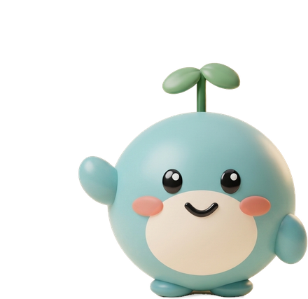 Pip, a small teal sprout, waving.