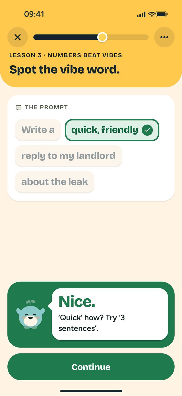 A Pipli lesson, Spot the vibe word. The learner picked quick, friendly and Pip says Nice.