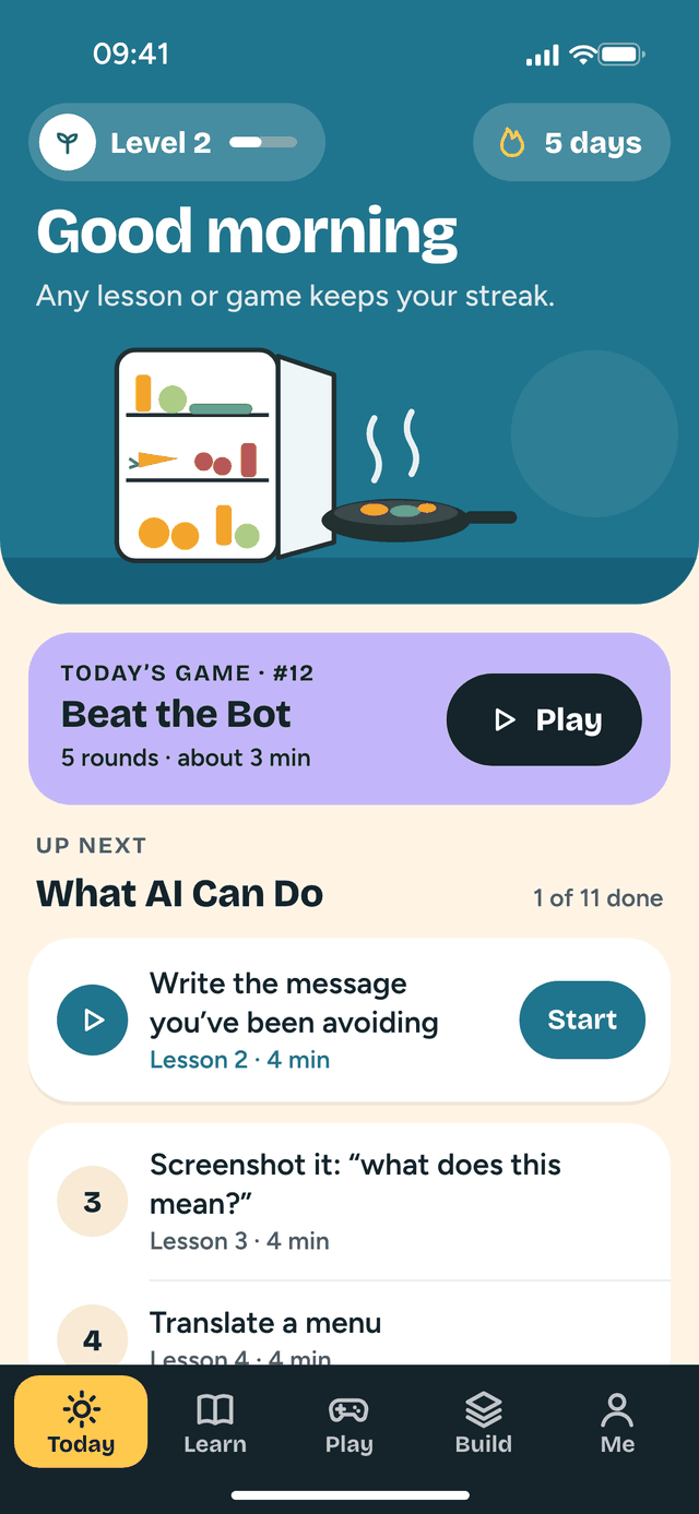 The Pipli Today screen: Good morning, a 5-day streak, today's Beat the Bot game and the next lesson, Write the message you've been avoiding.