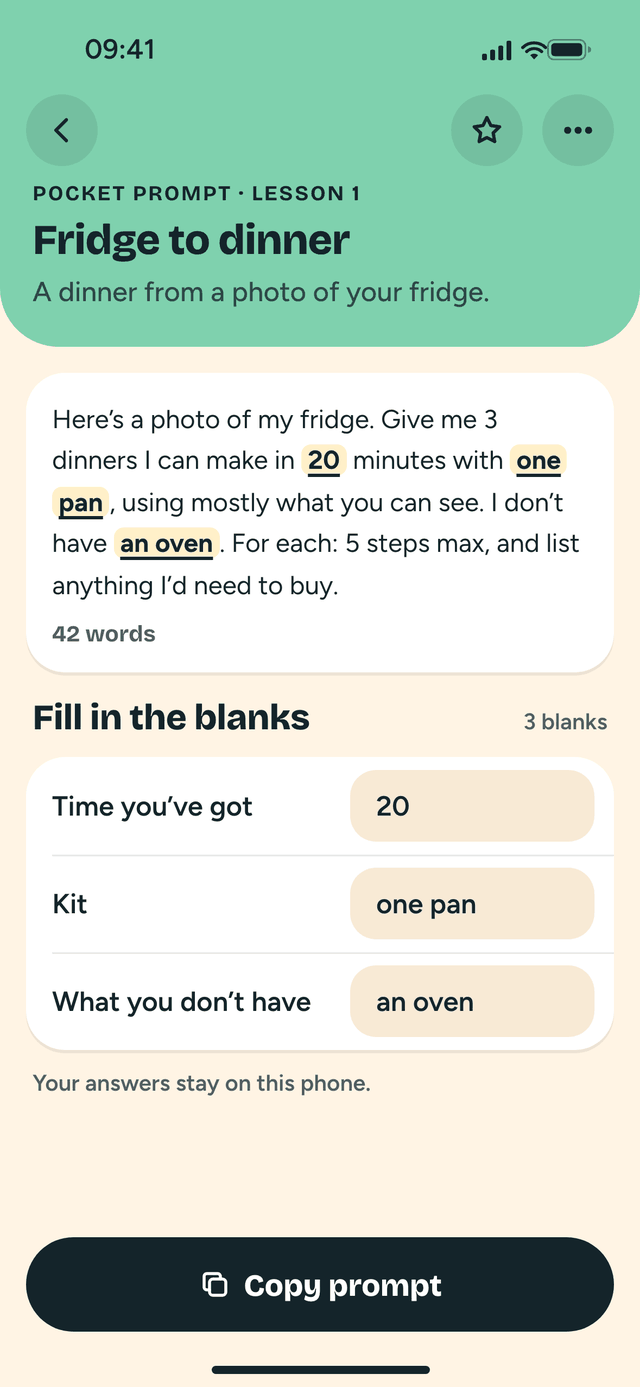 A saved prompt in the Toolkit, Fridge to dinner, with three blanks to fill in and a Copy prompt button.